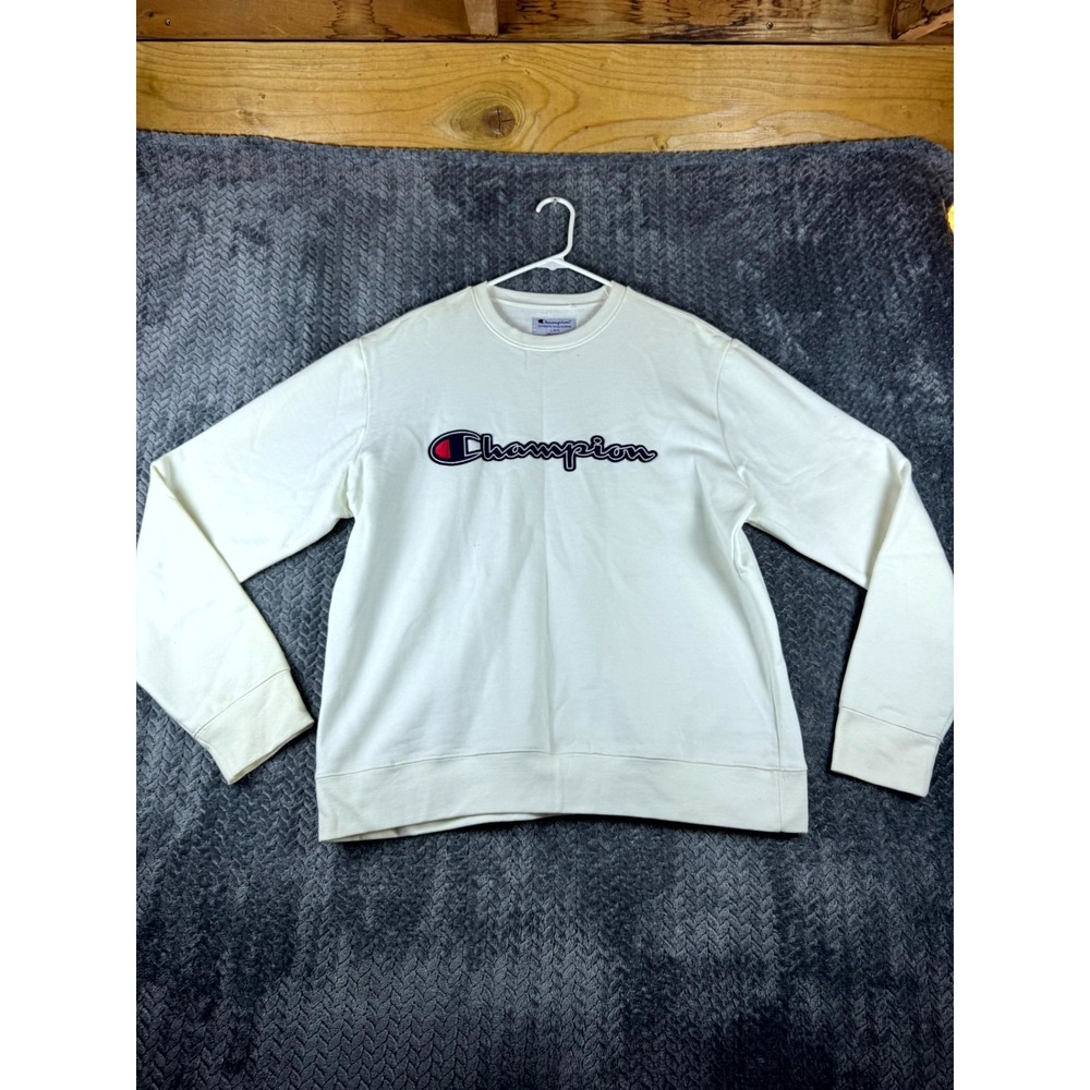 Champion Signature Script Sweatshirt Mens Large White Cotton Fleece Lined Warm